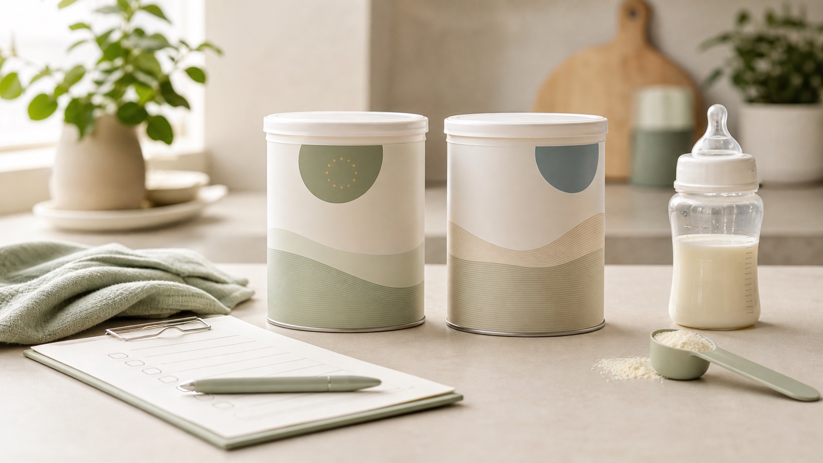 Two unbranded infant formula cans beside a baby bottle and checklist on a soft kitchen counter.