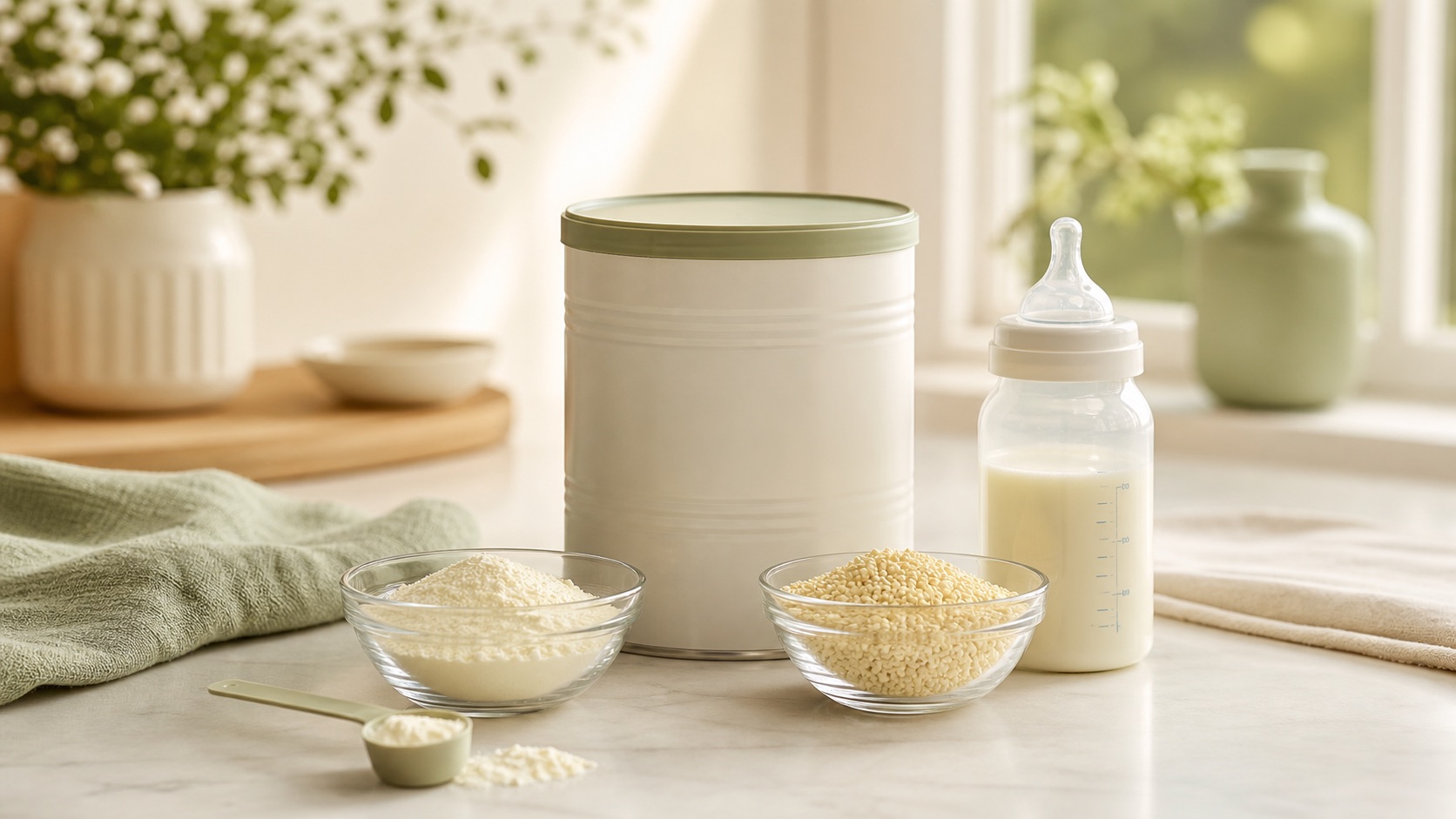 Unbranded formula can, baby bottle, and two ingredient bowls on a warm kitchen counter.