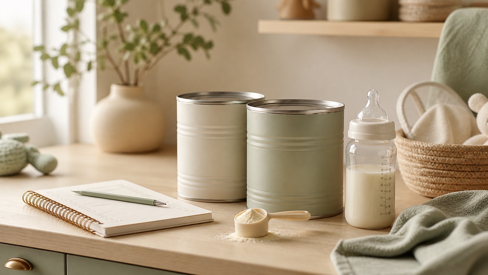 Two unbranded formula cans, baby bottle, scoop, and notebook arranged for a formula transition.