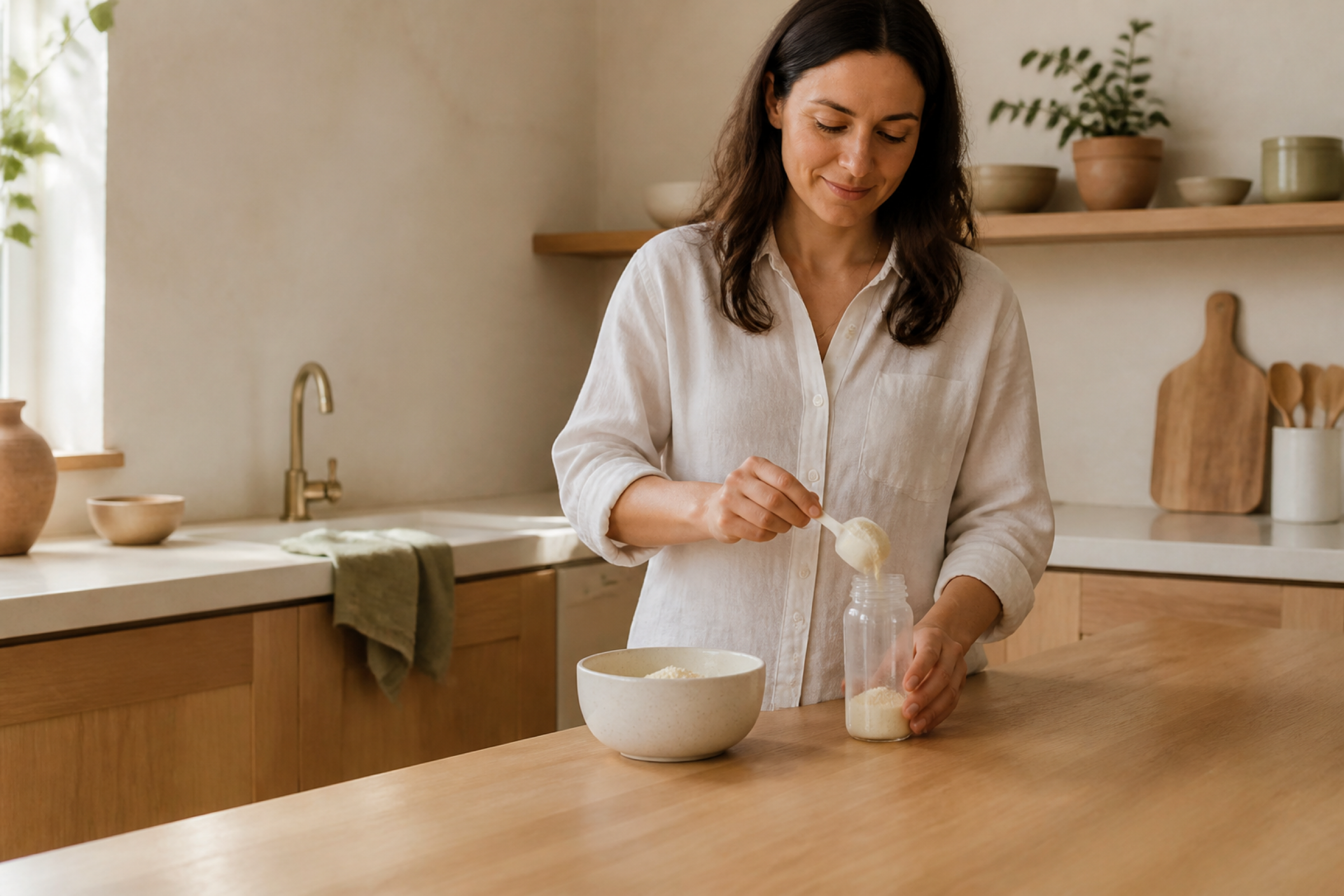 A parent calmly preparing a bottle in a sunlit kitchen